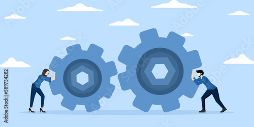 Teamwork and cooperation in business setting, collaboration or synergy concept, idea that working together can lead to success, business people shifting gears together towards success