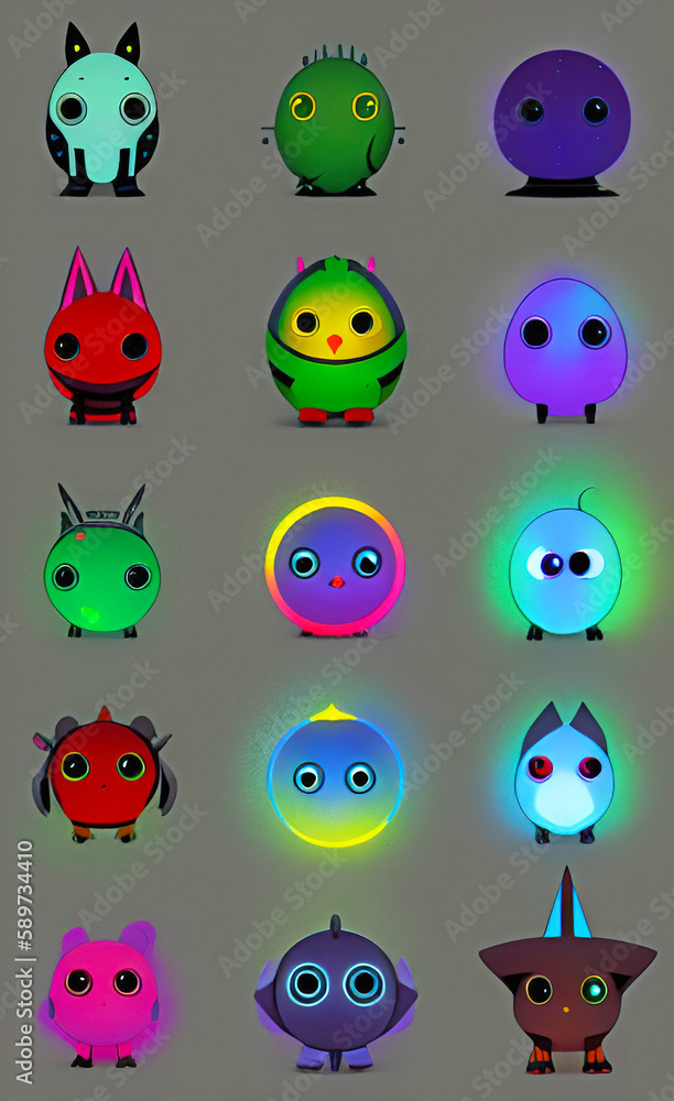 Fototapeta premium A set of cute colorful glowing monster characters isolated on a grey background. Generative AI illustration.