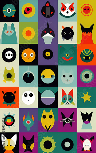 A set of cute monster faces in colored individual squares making a grid pattern. Generative AI illustration.