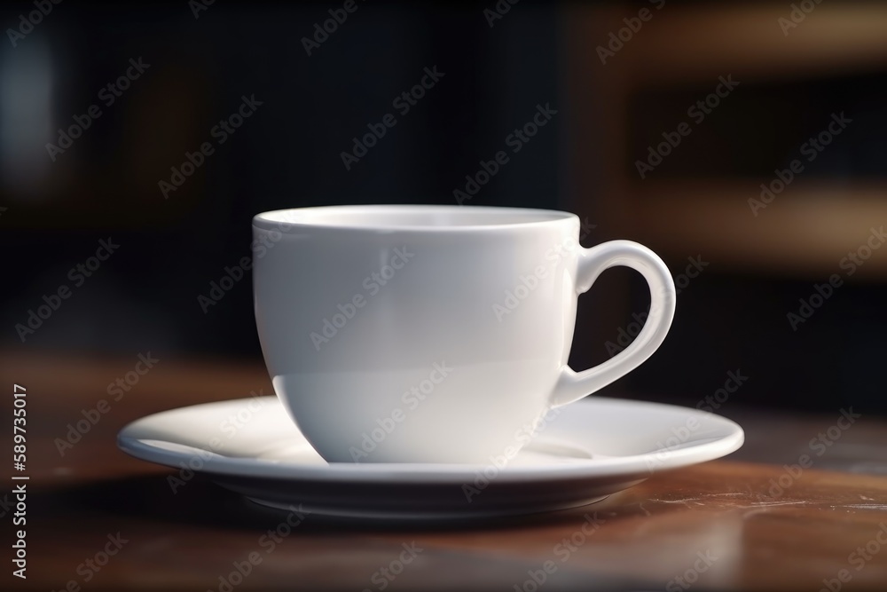 3D white blank mug or coffee cup mockup on a wooden table generative AI 3D white blank mug or coffee cup mockup on a wooden table generative AI