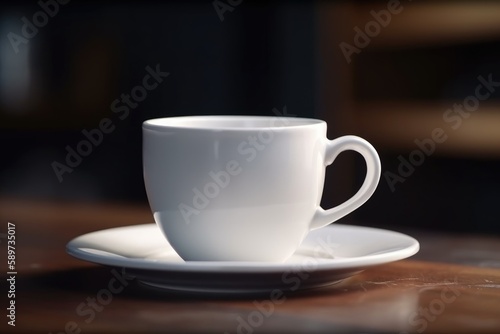 3D white blank mug or coffee cup mockup on a wooden table generative AI