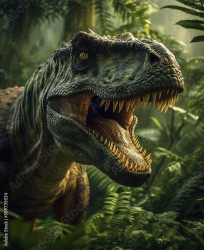 Tyrannosaurus or T-Rex staring out from the jungle burst. Generative AI © vectoraja