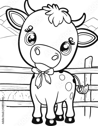 Cute cartoon cow on a farm background. Pet in a line drawing. Vector illustration on isolated background. For printable children's and adults coloring page or book, kids toddler activity.