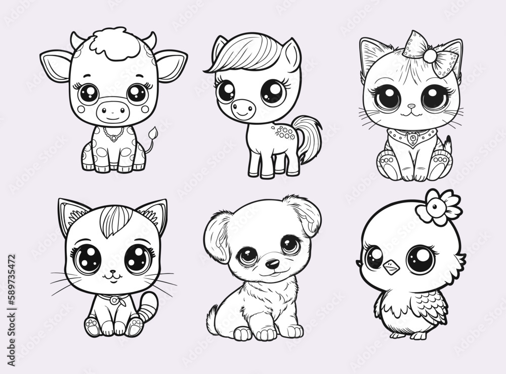 Set of cartoon farm animals - cat, dog, horse, cow, chick. Cute pets in line drawing. Vector illustration on isolated background. For printable children's coloring page or book, kids toddler activity.