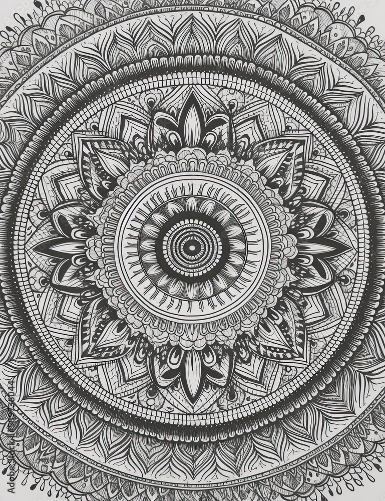 Mandala coloring book page, black and white, beautiful, graphical resource. Generative AI