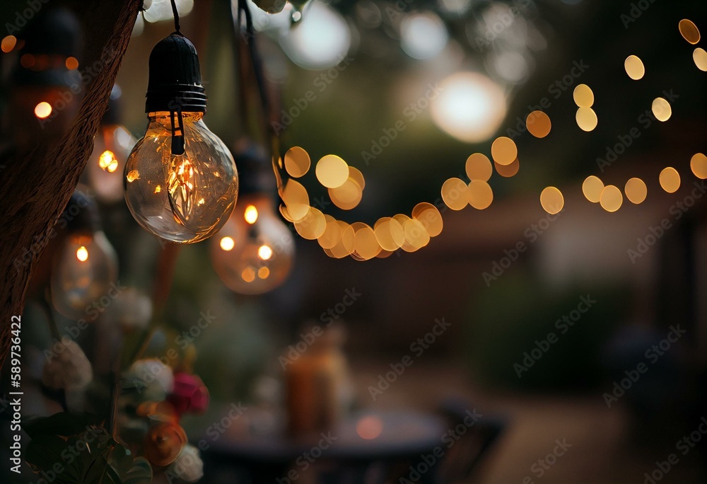 outdoor party string lights hanging in backyard on green bokeh background  with copy space. Generative AI Stock Illustration