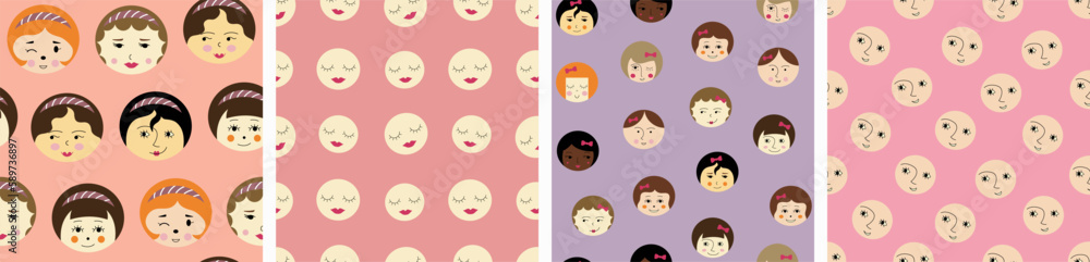 Four seamless patterns bundle, nice girlish faces. Continuous background, feminine image, stylish repeating design. Four seamless patterns bundle, nice girlish faces. Continuous background, feminine image, stylish repeating design.