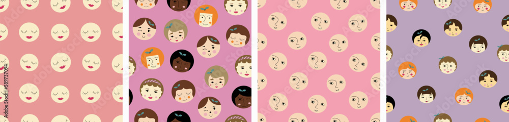 Four repeating patterns, sweet girlish faces. Endless backdrop, feminine countenance, simple cute shapes, flat vector. Four repeating patterns, sweet girlish faces. Endless backdrop, feminine countenance, simple cute shapes, flat vector.