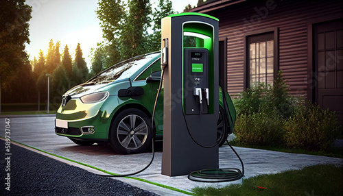 electric car plugged charging at standalone Ai generated Image © TrendyImages