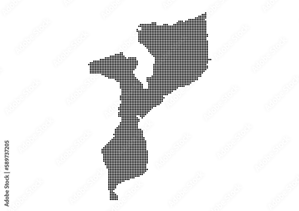 An abstract representation of Mozambique,Mozambique map made using a mosaic of black dots. Illlustration suitable for digital editing and large size prints. 
