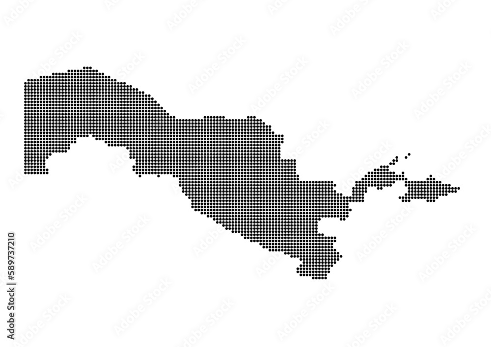 An abstract representation of Uzbekistan,Uzbekistan map made using a mosaic of black dots. Illlustration suitable for digital editing and large size prints. 