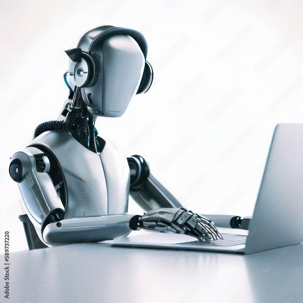 Humanoid robot with a headset and a laptop, generative AI illustration ...