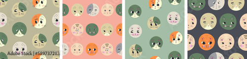 Bundle of four patterns, black eyes cats. Seamless backdrop, cat illustration, vector illustration in simple flat style.