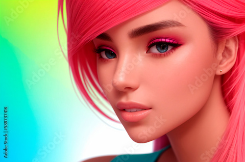 Portrait of a beautiful girl with pink hair and bright make-up. Generative AI. © Anton Dios