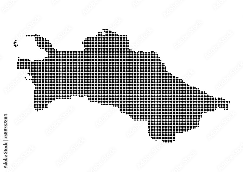 An abstract representation of Turkmenistan,Turkmenistan map made using a mosaic of black dots. Illlustration suitable for digital editing and large size prints. 