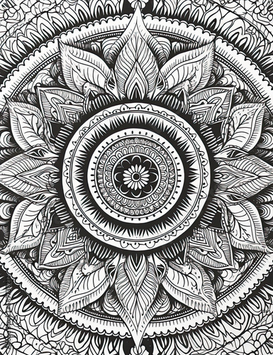 Mandala coloring book page, black and white, beautiful, graphical resource. Generative AI