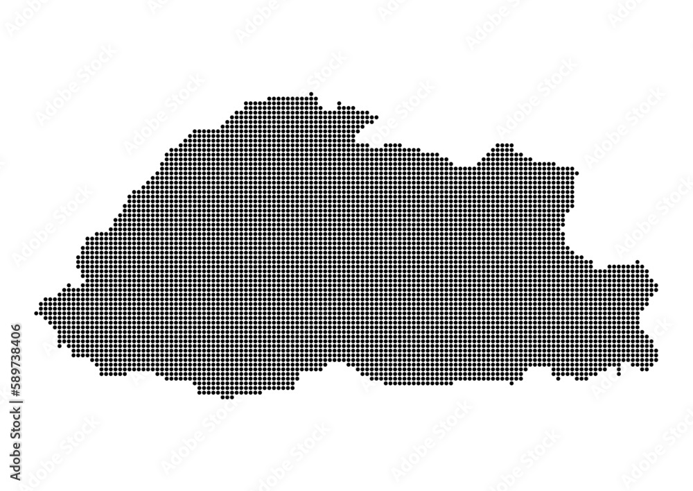 An abstract representation of Bhutan,Bhutan map made using a mosaic of black dots. Illlustration suitable for digital editing and large size prints. 