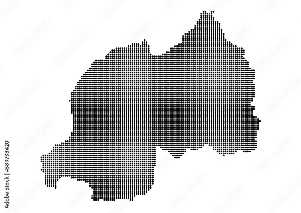 An abstract representation of Rwanda,Rwanda map made using a mosaic of black dots. Illlustration suitable for digital editing and large size prints. 