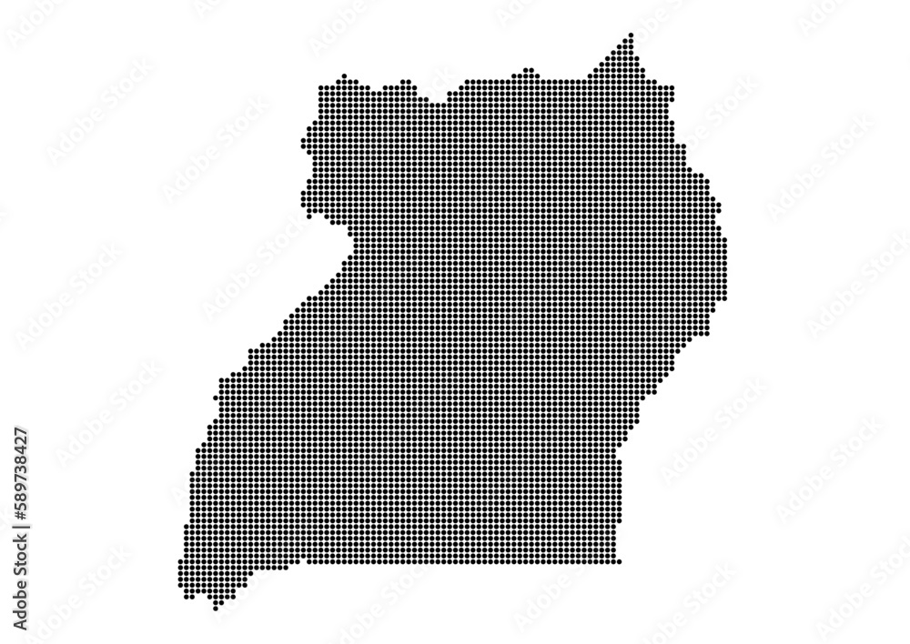 An abstract representation of Uganda,Uganda map made using a mosaic of black dots. Illlustration suitable for digital editing and large size prints. 