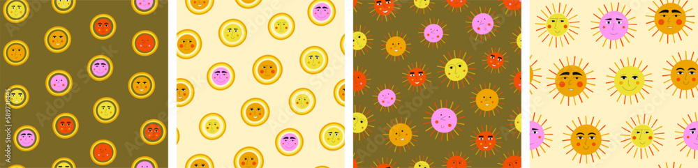 Four surface patterns, positive suns. Backdrop design, sun small figure, for wrapping paper, textile, branding. Four surface patterns, positive suns. Backdrop design, sun small figure, for wrapping paper, textile, branding.