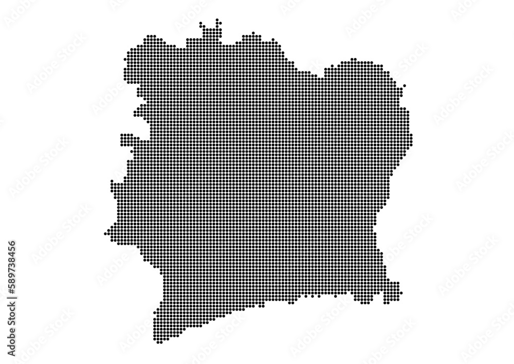 An abstract representation of Ivory Coast using a mosaic of black dots. Illlustration suitable for digital editing and large size prints. 