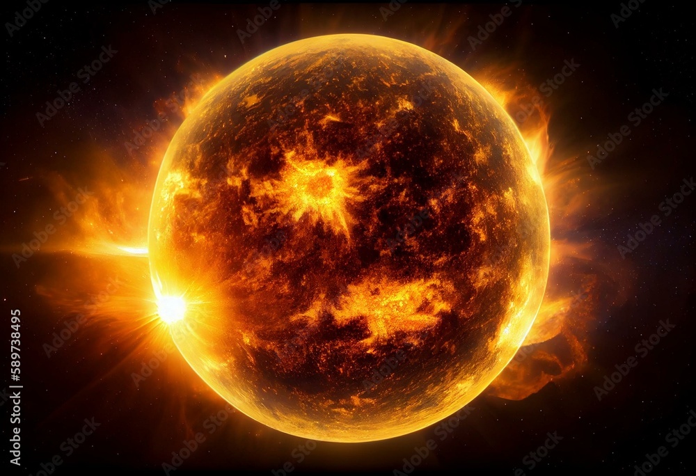 Panoramic view of the Sun and star. The sun shines in space. A wide view of the sun and stars from space. Concept on the theme of ecology, environment.. Elements of this image. Generative AI