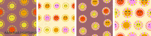 Bundle of four patterns, cheerful suns. Seamless backdrop, children game concept, vector illustration in simple flat style.