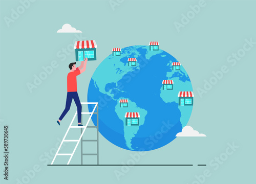 Growing business to global market concept, smart businessman expand store fronts around the world, open franchise business opportunity to expand shops or business retails