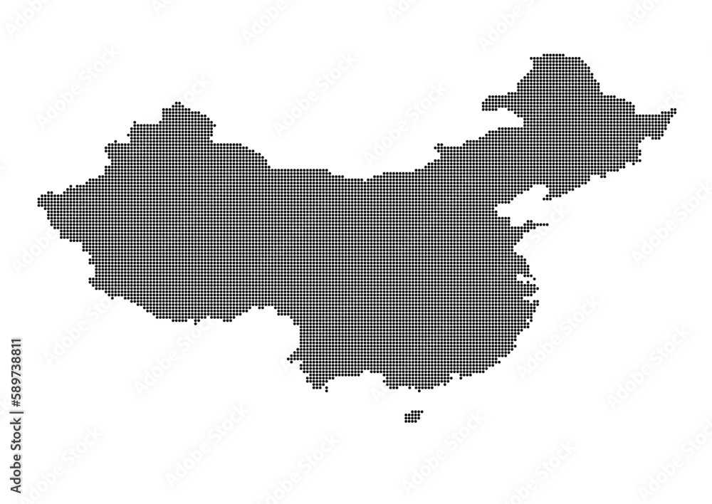 An abstract representation of China,China map made using a mosaic of black dots. Illlustration suitable for digital editing and large size prints. 