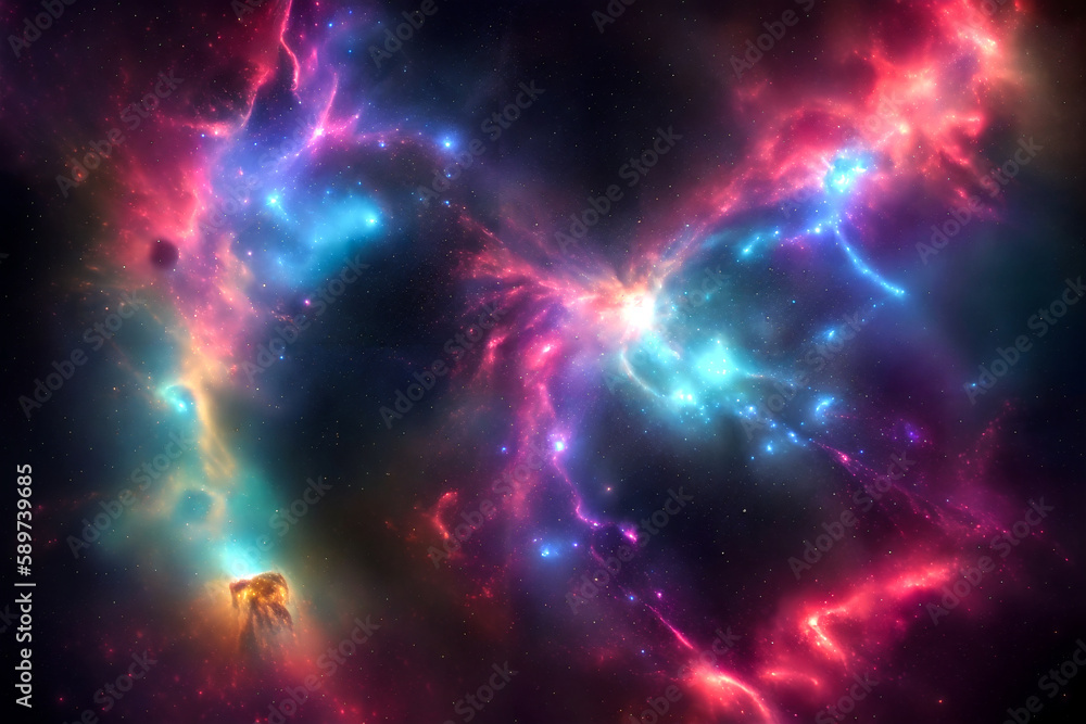 Space themed background with nebulae and stars. Generative AI. Space themed background with nebulae and stars. Generative AI.