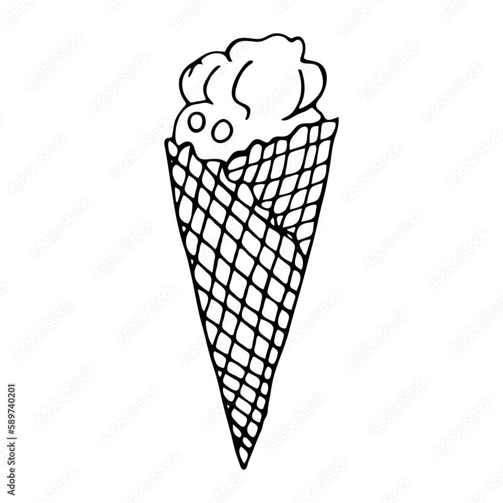 Waffle ice cream in doodle style on an isolated white background. Waffle ice cream in doodle style on an isolated white background.