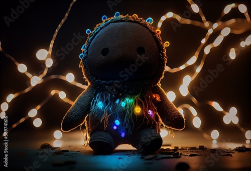 Cute fictional character with colorful lights aorund his body in a dark background. Generative AI photo