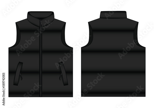 Black Winter Puffer Vest Template on White Background, Vector File.