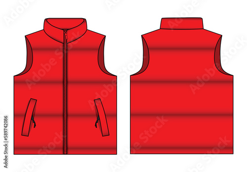 Red Winter Puffer Vest Template On White Background, Vector File.