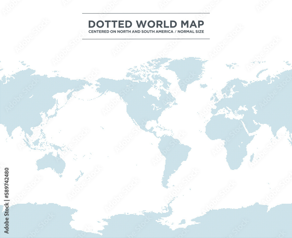 アメリカ大陸を中心とした、南極を含んだドットの世界地図。中サイズ