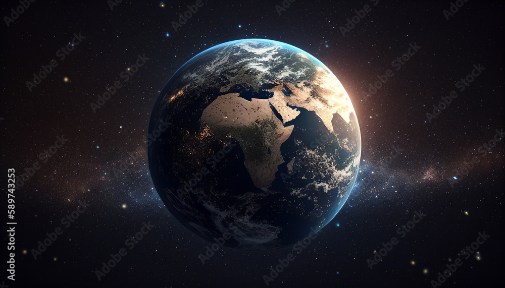 Obraz premium Earth glows blue and orange in vast starry space