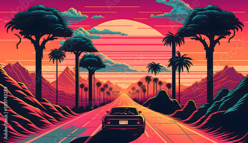 The digital artwork is a colorful illustration summer 80s 90s, sunset, road, palm tree, Generative AI Technology photo