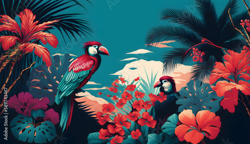 Tropical Paradise This wallpaper features a colorful birds, flower, and plant, created using Generative AI Technology