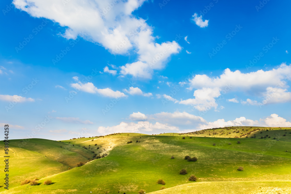 Swiss landscape theme background with green fields and beautiful sky