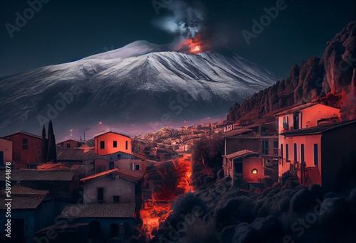 Italian town of Francavilla di Sicilia in the Alcantara Valley on February 2, 2021, during the eruption of Mount Etna. Explosion. Generative AI photo