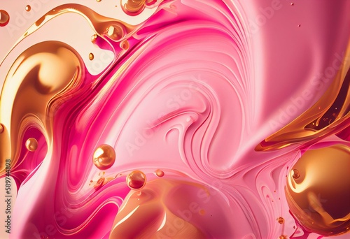 Abstract Design Banner. Paint Swirls in Beautiful Pink and Coral colors, with Gold Powder. Generative AI