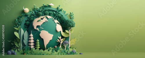 World environment day on green background in paper cut style, Earth day. Generative AI photo