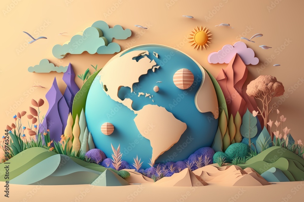 Naklejka premium World environment day on pastel color background in paper cut style, Earth day. Generative AI