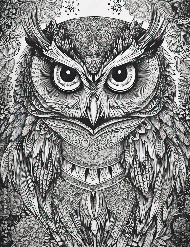 Owl coloring book page.. Black and white illustration. Graphical resource. Generative AI
