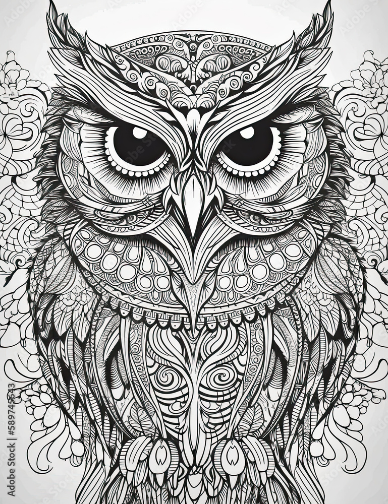Fototapeta premium Owl coloring book page.. Black and white illustration. Graphical resource. Generative AI