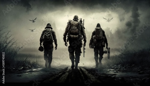 Brave three soldiers walking into a battle field. World War 3 concept. Generative AI