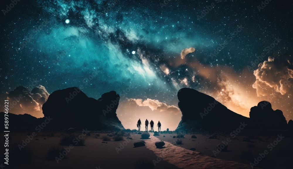 Background of an epic starry night sky revealing colorful beauty of million stars in the space with a grounp of travelers watching and are fascinated. Generative AI Background of an epic starry night sky revealing colorful beauty of million stars in the space with a grounp of travelers watching and are fascinated. Generative AI