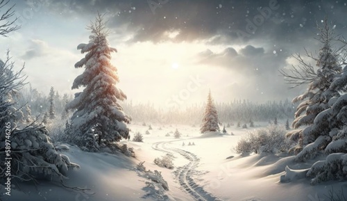Captivating winter landscape featuring a tranquil small trekker and snow-laden forest. Generative AI