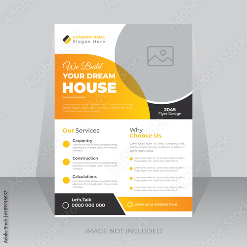 Flat design construction template or real estate business flyer