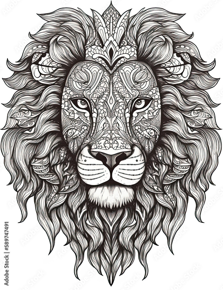 Lion coloring book page. Graphical resource. Generative AI Lion coloring book page. Graphical resource. Generative AI